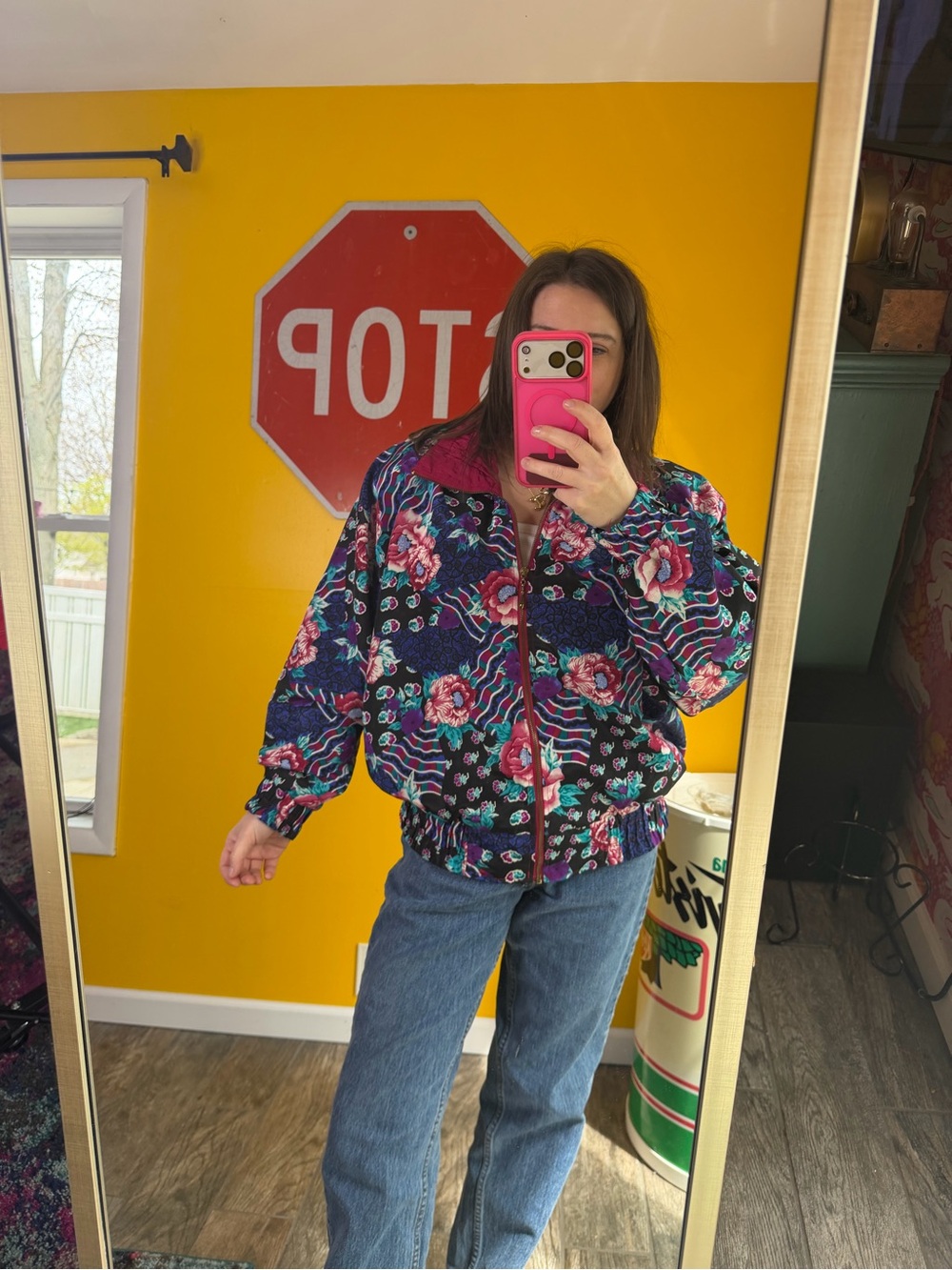 Lavon Jacket Womens Large Vintage Full Zip floral Windbreaker '80s Colorful